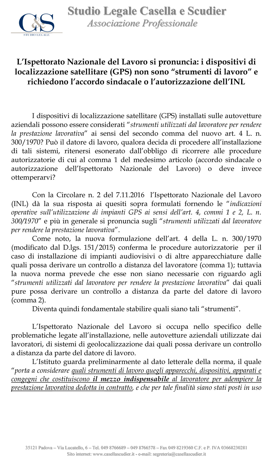 14.11.2016 L’Ispettorato Nazionale del Lavoro si